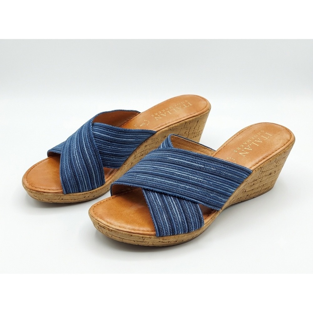 Italian Shoemakers Boho Womens Blue Metallic Cross Strap Cork Wedge Sandals 7